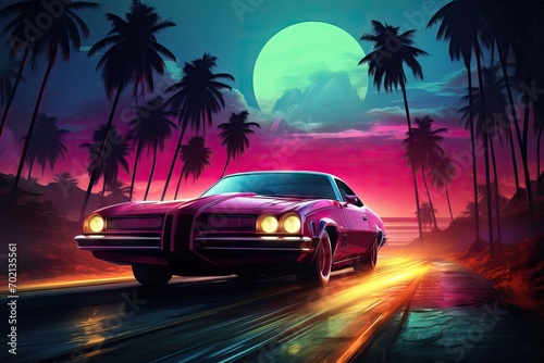 Retro car rides among the palm trees against the backdrop of the sunset in the beach. Vintage car in the night. 80's Retrowave, synthwave, vaporwave style. Design for poster, flyer, banner