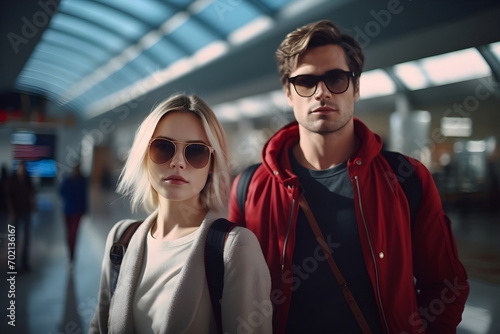 young couple in railway station, Generative AI