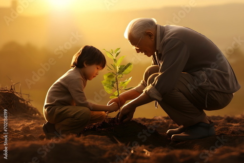asian grandfather and grandson plant tree, Generative AI