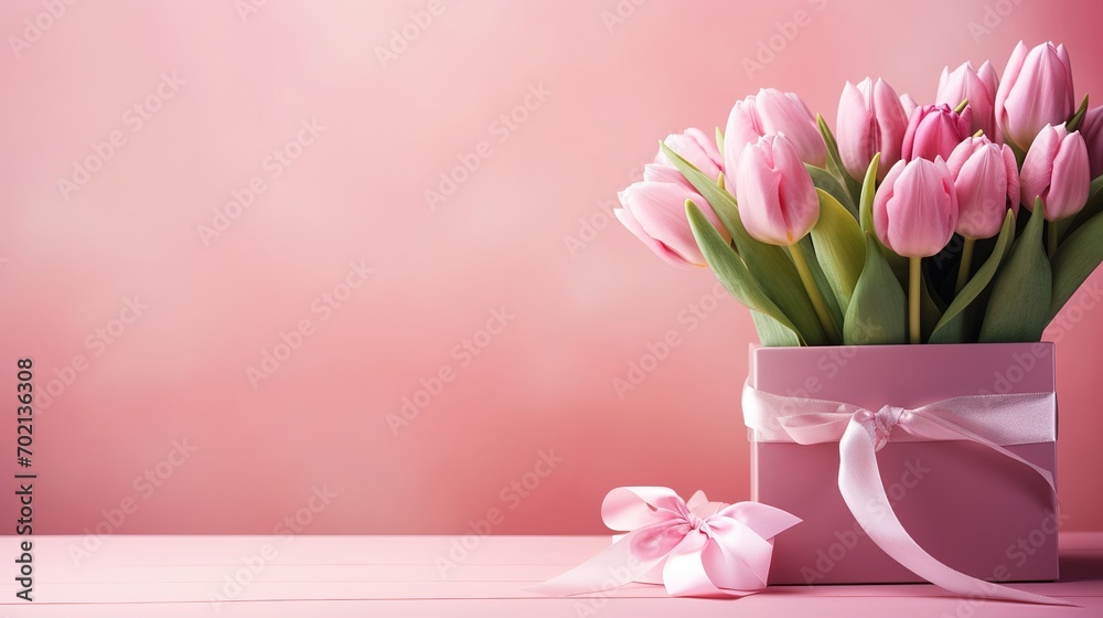 Bouquet of pink tulips on pink Background. gift box Backgrounnd. Bouquet of pink tulips on pink Background. gift box Backgrounnd.