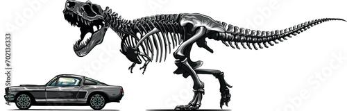 monochromatic illustration of skeleton dinousaur chase car photo