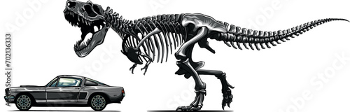monochromatic illustration of skeleton dinousaur chase car