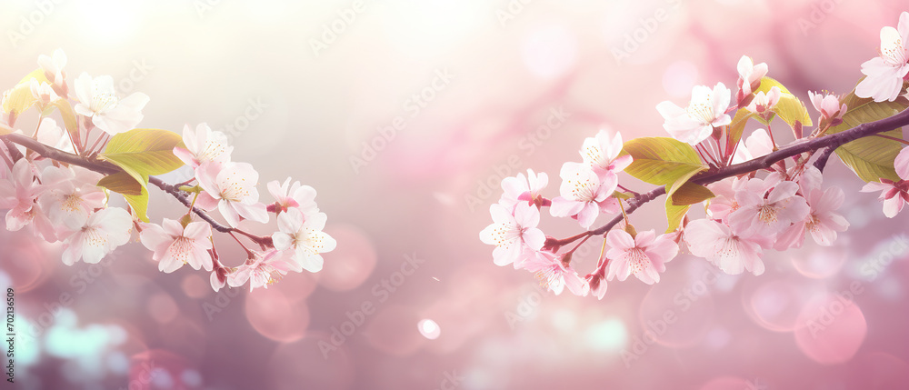 Spring themed background, cherry tree branches, bokeh, empty space, soft and vibrant colors