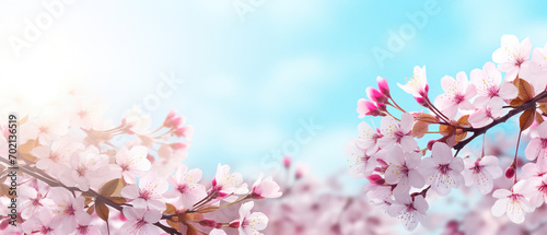 Spring themed background, cherry tree branches, bokeh, empty space, soft and vibrant colors