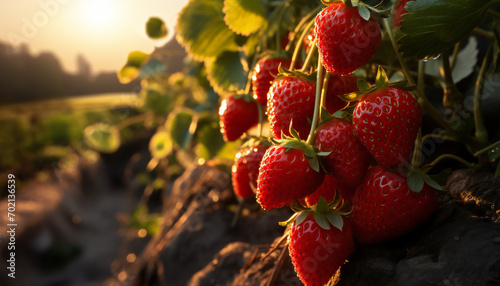 Recreation of red strawberries hanging in a plant at sunset photo