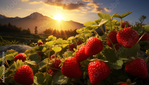Recreation of fresh red strawberries in a plant at sunset 
