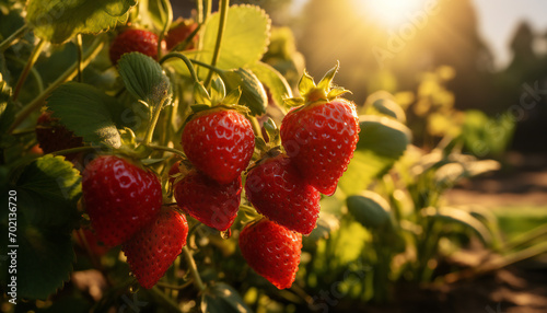 Recreation of fresh red strawberries in plant at sunset