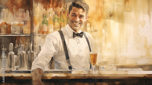 Illustration of a smiling male bartender in a stylish suit with