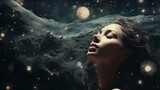 Woman and planets in the future universe. Generative AI