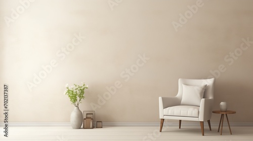 Modern Minimalist Interior with white wall and armchair. Beige white sofa couch in room. Generative AI