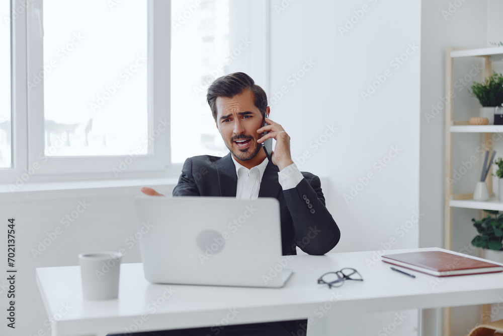 Office man phone businessman talk smile business computer Office man phone businessman talk smile business computer