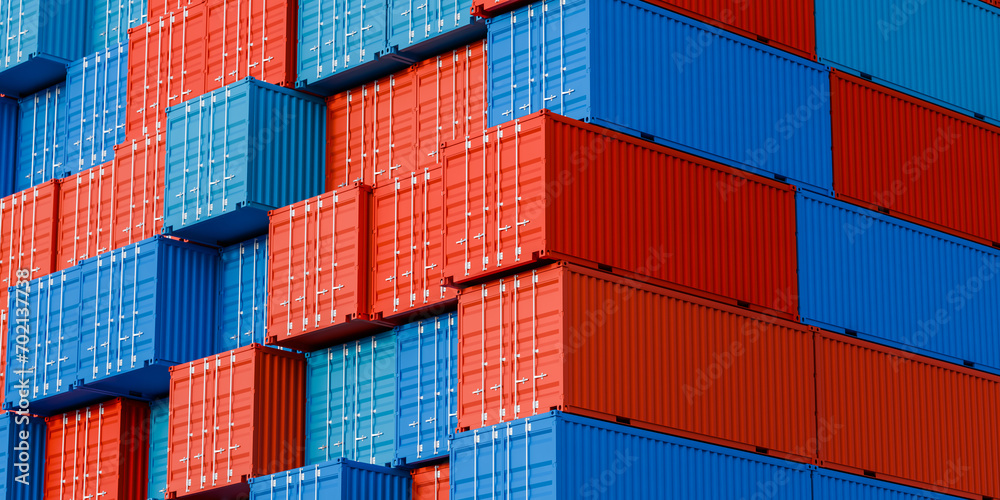 Fototapeta premium Stack of Cargo shipping in container terminal yard, global logistic freight supply chain network distribution, export and import business commercial technology concept 3d rendering