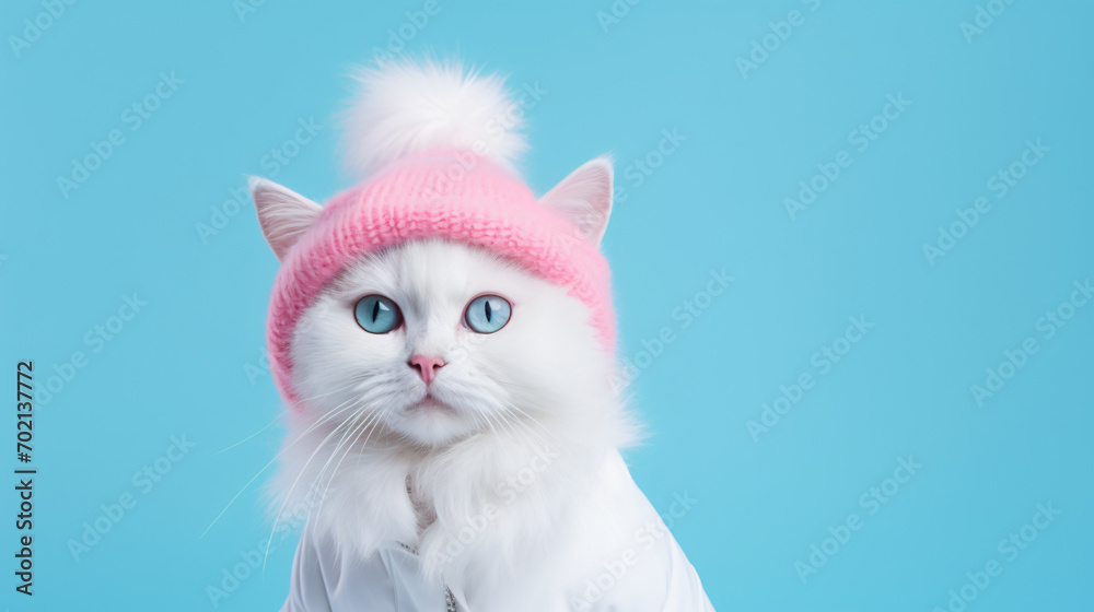 White cat in a pink warm hat