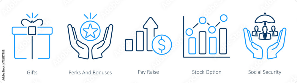 A set of 5 Employee Benefits icons as gifts, perks and bounses, pay raise A set of 5 Employee Benefits icons as gifts, perks and bounses, pay raise