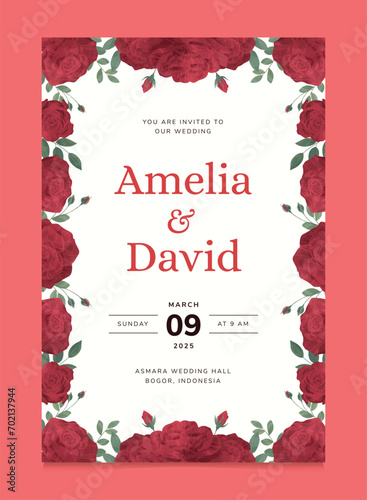 Red Rose Flower Wedding Invitation Template
