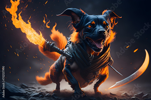 sticker, ninja dog carrying sword. concept: brave and passionate. with a fiery background. a fierce and scary type of dog
