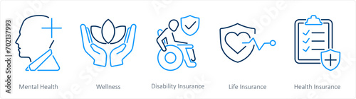 A set of 5 Employee Benefits icons as mental health, wellness, disability insurance