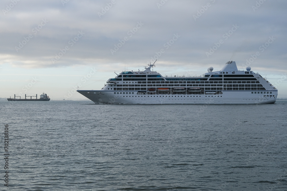 Luxury cruiseship cruise ship liner Sirena arrival into port of Lisbon, Portugal