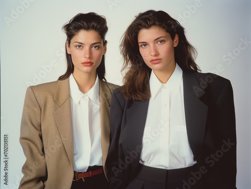 Two Women, '90s business casual fashion, complete with shoulder pads, pleated trousers, and classic blazers, in the style of film photography from the 1990