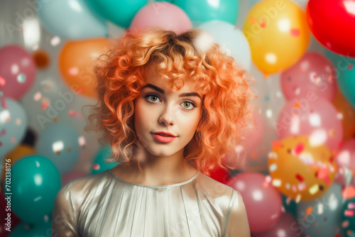 Young woman with orange curly hair at birthday party
