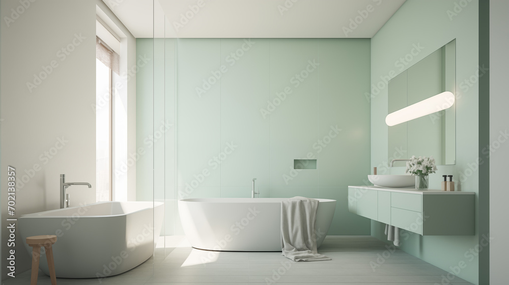 a serene bathroom with a freestanding tub, minimalist design, soft lighting, and a harmonious pastel color palette.