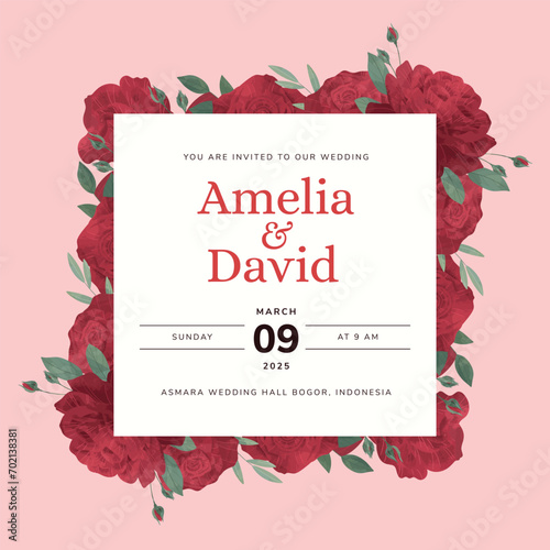 Red Rose Flower Wedding Invitation Template