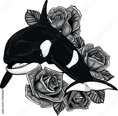 monochromatic Killer whale with roses vector illustration