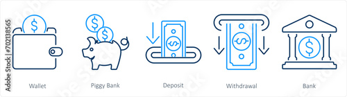 A set of 5 Finance icons as wallet, piggy bank, deposit