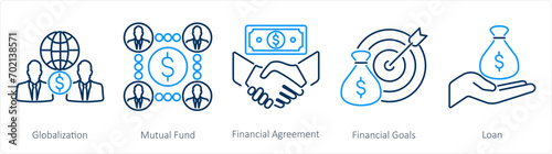 A set of 5 Finance icons as globalization, mutual fund, financial agreement