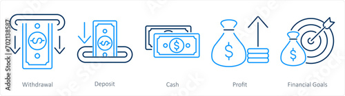 A set of 5 Finance icons as withdrawal, deposit, cash