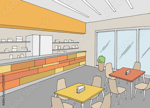 Cafe interior fast food court graphic color sketch illustration vector 