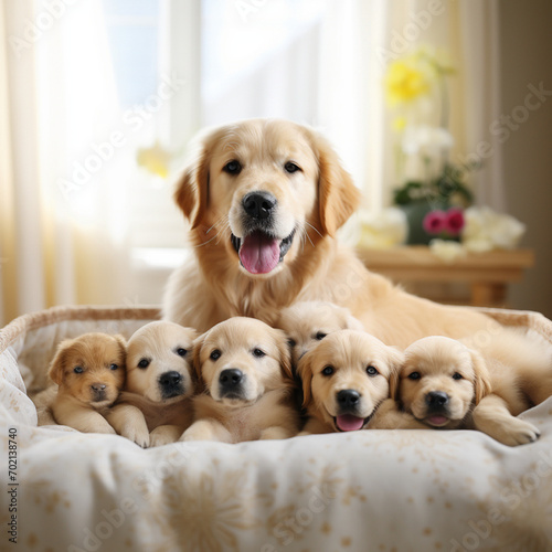 golden retriever dog with newborn puppies on a bed at home