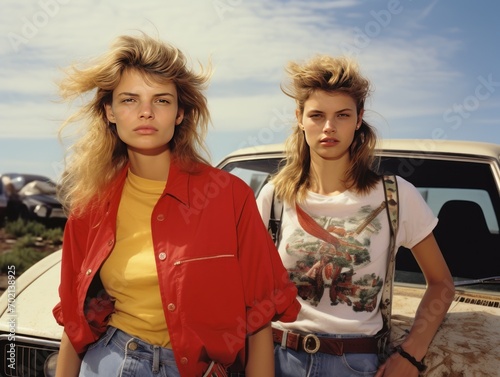 Two girls, posing by vintage cars, roadside attractions for a sense of adventure, '90s road trip attire, in the style of film photography from the 1990 photo