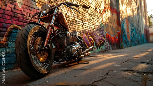 Vintage-Style Motorcycle Parked on Cobblestone Street Against Graffiti-Covered Brick Wall at Sunset in Urban Landscape