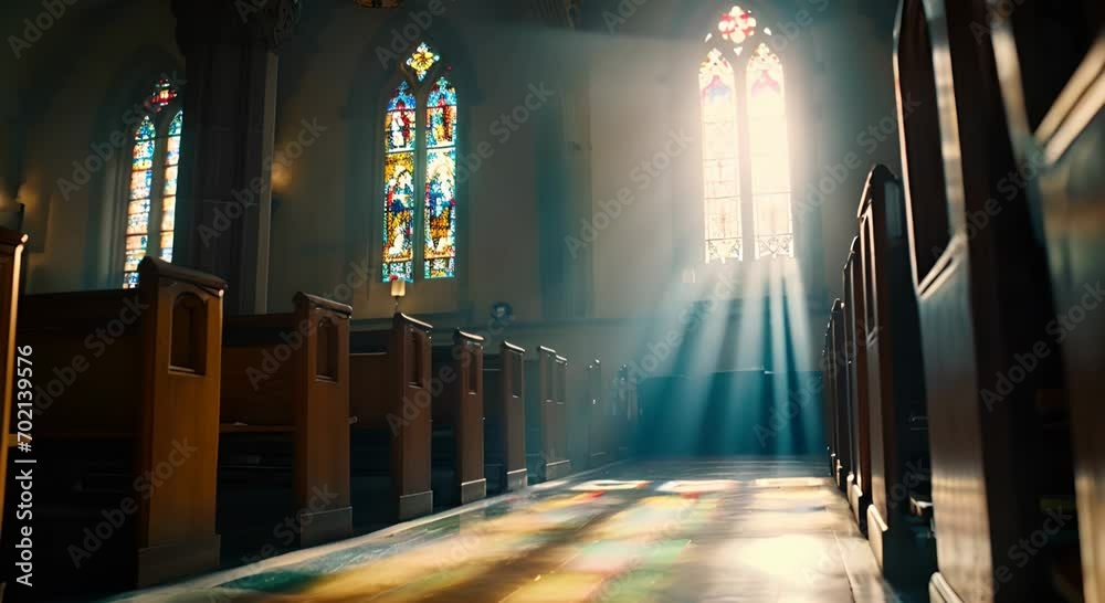 A church with rays of light streaming through stained glass windows. The concept of spirituality and peace.