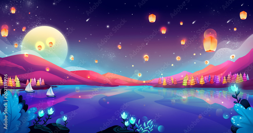 Naklejka premium Chinese sky lanterns in vibrant colors flying over a mystical blue lake at starry night