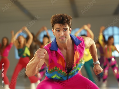 workout retro videos vibe, people in colorful fitness attire, showcasing aerobics and dance moves, in the style of film photography from the 90s