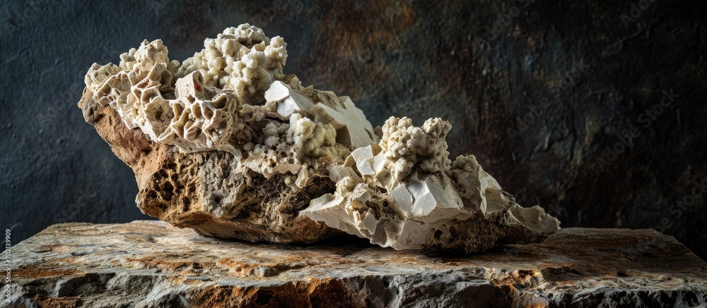 Found specimen of fossilized colonial coral replaced by quartz in hand rockhounding. with copy space image. Place for adding text or design Found specimen of fossilized colonial coral replaced by quartz in hand rockhounding. with copy space image. Place for adding text or design