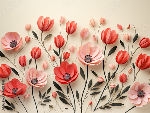 Colorful floral pattern design with tulips spring blooms. Red and rose main colors, white background, space for copy, paper style, front view. #702139961