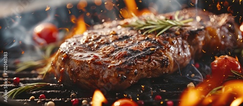A top sirloin steak flame broiled on a barbecue shallow depth of field. with copy space image. Place for adding text or design photo