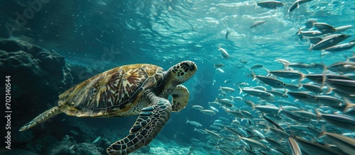 Green sea turtle swimming with a huge school of sardines. with copy space image. Place for adding text or design