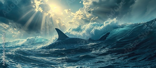 big ocean wave breaks under sun light with cloudy sky Big bull shark hunting underwater and two dolphins playing at surface. with copy space image. Place for adding text or design
