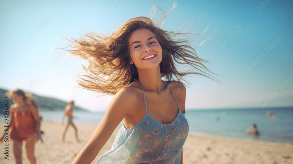 Portrait of beautiful young woman with flying hair on the beach.