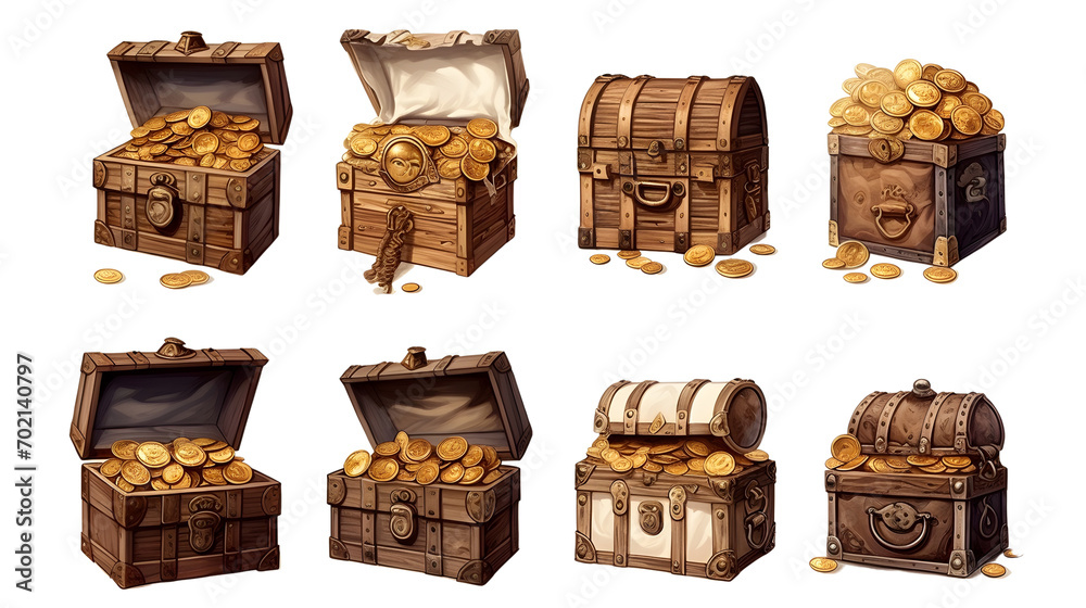 Game design asset list of illustrated treasure chests with varying designs, all adorned with gold detailing against a wooden finish Game design asset list of illustrated treasure chests with varying designs, all adorned with gold detailing against a wooden finish