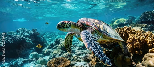 Green sea turtle eating on the reef Red Sea. with copy space image. Place for adding text or design