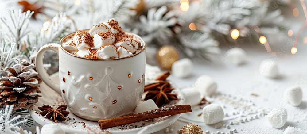 Cup of tasty cocoa drink and marshmallows in blue cup Spices and marshmallows for winter drinks on white texture table Winter hot drink Hot chocolate with marshmallow and spices Copy space Cup of tasty cocoa drink and marshmallows in blue cup Spices and marshmallows for winter drinks on white texture table Winter hot drink Hot chocolate with marshmallow and spices Copy space