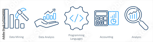 A set of 5 Hard Skills icons as data mining, data analysis, programming languages