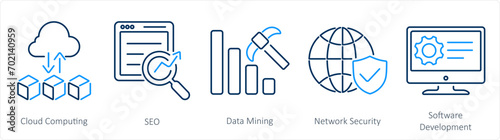 A set of 5 Hard Skills icons as cloud computing, seo, data mining