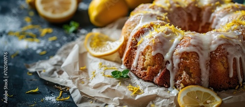 Classic lemon pound cake with powdered sugar glaze sliced on parchment paper topped with lemon zest. with copy space image. Place for adding text or design photo