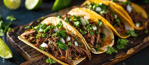 A plate of Mexican beef birria tacos witthe dipping sauce juices with shredded beef herbs and broth. with copy space image. Place for adding text or design photo